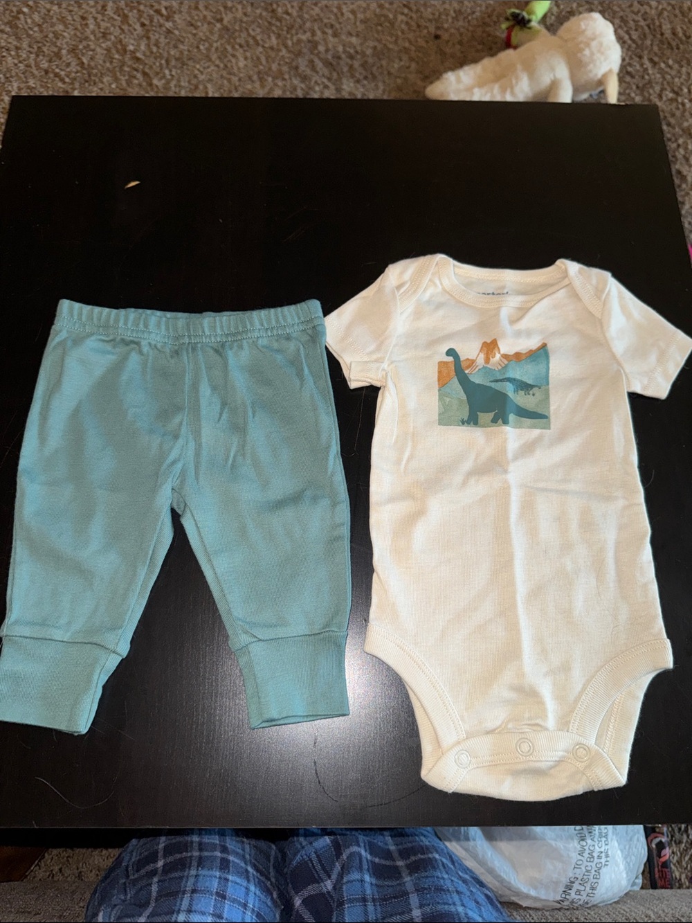 Carter's White Dino Graphic One-Piece with Light Teal Pants